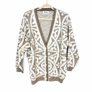 Vintage Chunky Cardigan Womens Medium beige White Button Knit Geometric Sweater